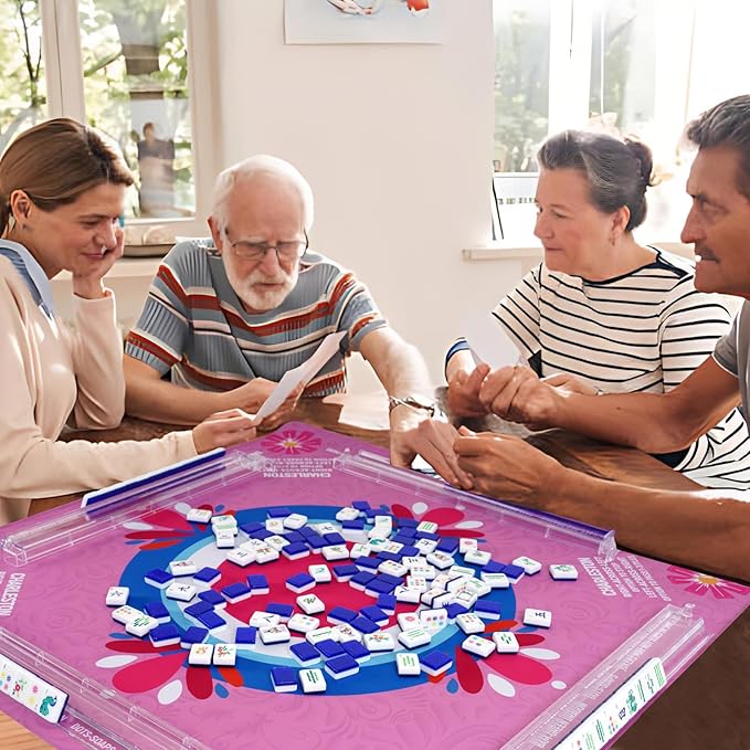 American Mahjong Set with 160 Acrylic White Tiles and 4 Transparent Holders/Pushers, Portable American Style Mahjong Game with Carrying Bag, Classic Board Games for Family Night