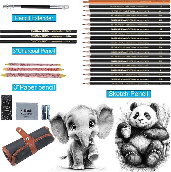 Sketching Pencil Set, Drawing Pen Charcoal Sketch Included Graphite Pencils, Charcoal Pencils, Paper Erasable Pen, 30pcs Total for Beginners Artist (First Sketch Pencil)