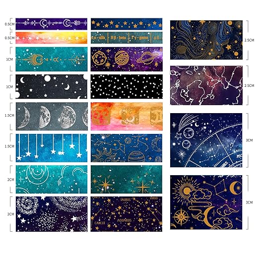 20 Rolls Galaxy Washi Tape Set Stars Arts Adhesive Tapes Gold Silver Foil Decorative Masking Tape Sets for Craft, Kids, Scrapbook, DIY, Gift Wrapping