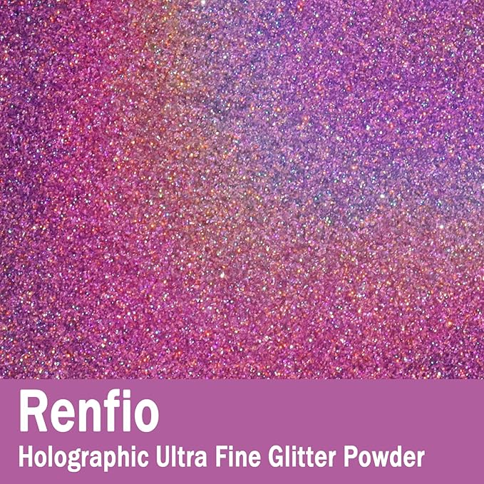 Renfio Holographic Ultra Fine Glitter Powder Metallic Resin Glitter 2.11 Oz (60g) PET Flakes Crafts Sequins 1/128" 0.008" 0.2mm Epoxy Chips Flakes for Roses Tumblers Slime - Laser Pinkish