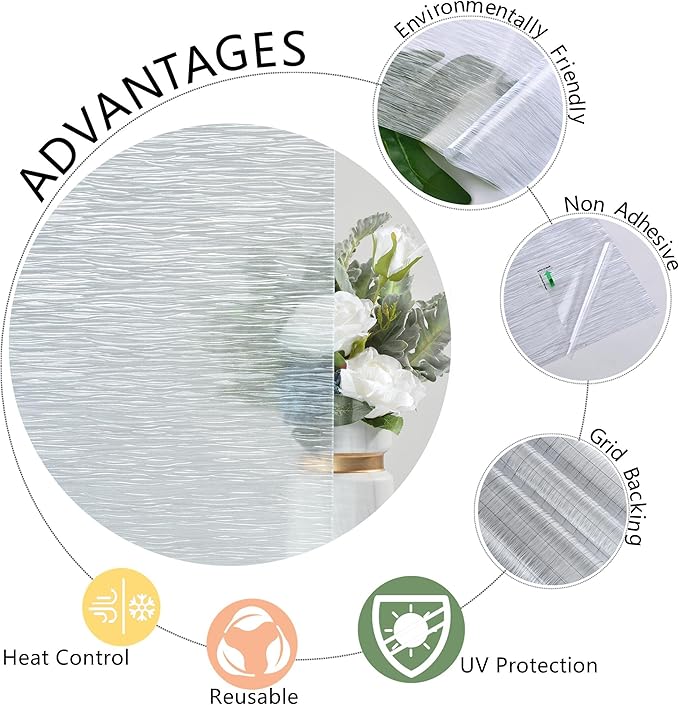 VELIMAX Frosted Window Privacy Film Non Adhesive Window Cling Removable Glass Covering Clear Water Opaque Window Film for Home Anti UV 29.5x78.7 inches