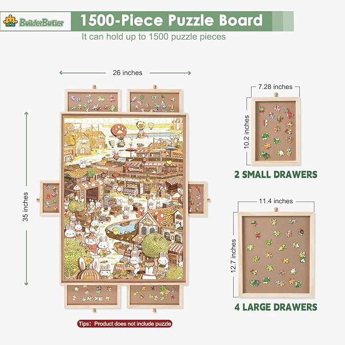1500 Pieces Rotating Puzzle Board with 6 Drawers,34.25"x25.2" Portable Wooden Jigsaw Puzzle Table with Lazy Susan Spinning Cover
