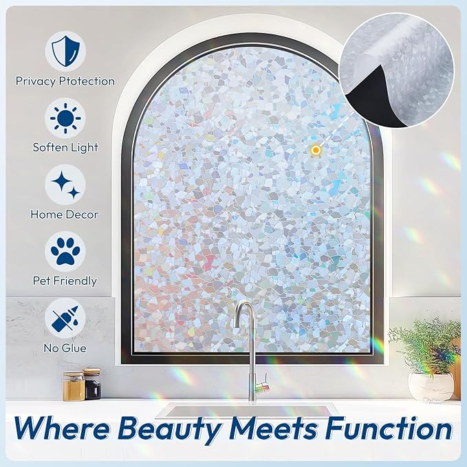 rabbitgoo Rainbow Window Privacy Film Decorative Stained Glass Diamond Pattern Window Sticker with Iridescent Tint Non-Adhesive Static Cling for Home Office Crystal Pattern, 35.4 x 157.4 inch