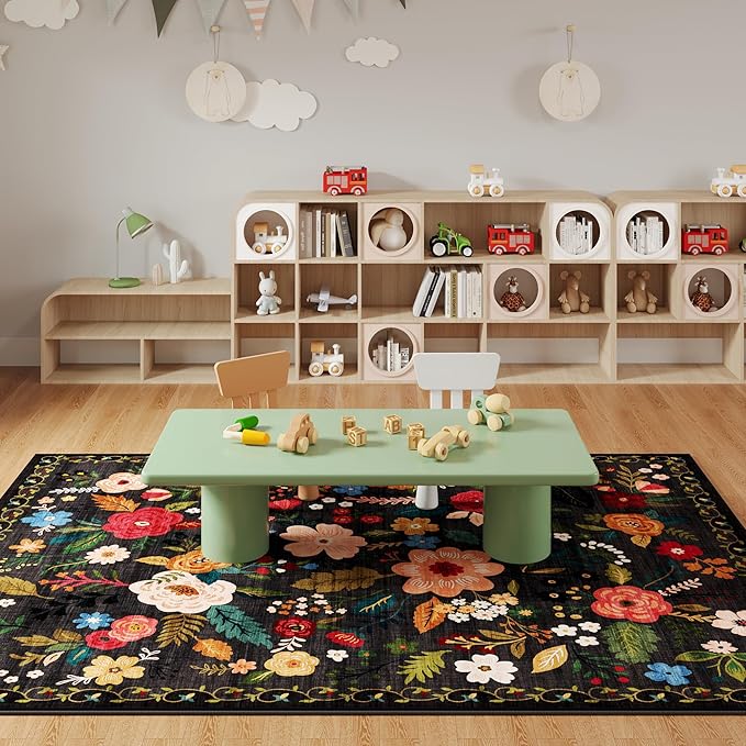 Rugcomf Living Room Rug 6x9 Rug Machine Washable Boho Area Rug Non Slip Floral Vintage Low Pile Large Rug for Living Room, Bedroom, Farmhouse, Dining Room, Kids Playroom(Black)
