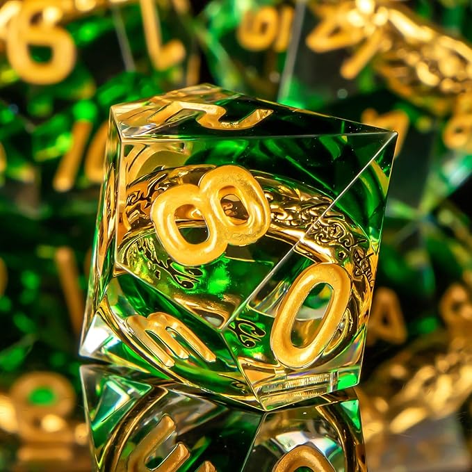 OUKELANWO Magic Lord Rings DND Dice Set with Box, 7Pcs Resin LOTR D&D Dice Set for Role Playing Game, Green Gold Dungeons Dragons D and D Sharp Edge Dice D20 D12 D10 D8 D6 D4