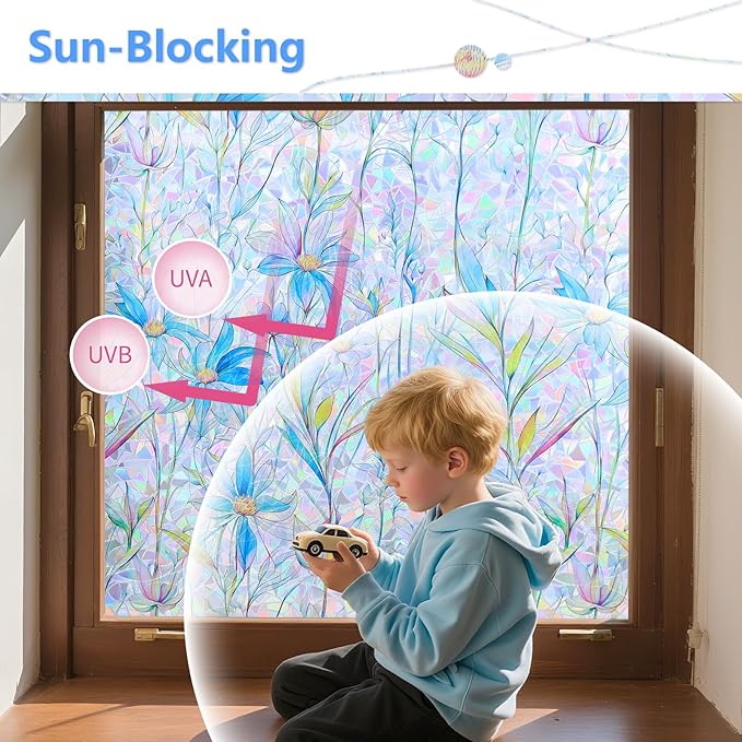 FINNEZ Window Privacy Film Stain Glass Film Flowers Rainbow Window Film Window Clings Non-Adhesive Reusable Decorative for Home（Blue Lotus，17.5 Inch x 13.1 Feet）