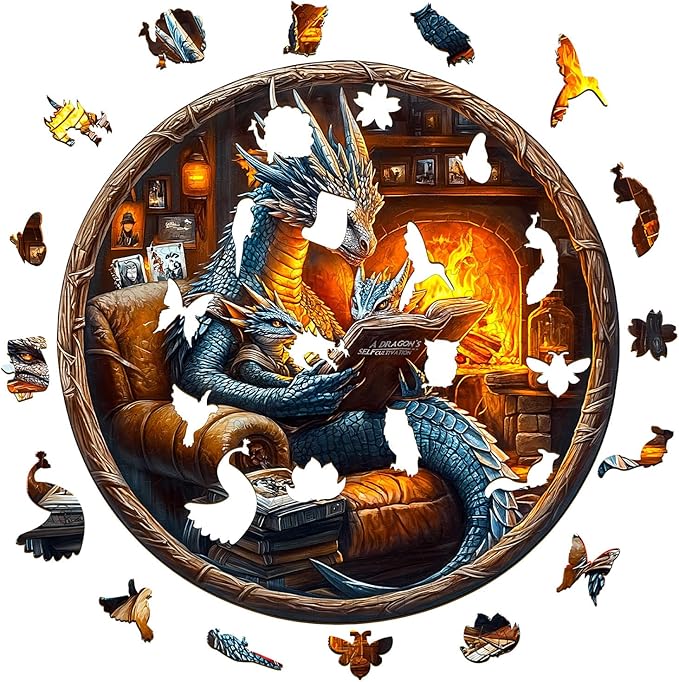 KAAYEE Wooden Puzzles for Adults, 3D Visual Effect Dragon Family Night Reading Wooden Jigsaw Puzzle Unique Shape Wood Puzzle Adult, 3D Effect Flat Puzzle Birthday Family Games (S-8.5 * 8.5 in-95pcs)
