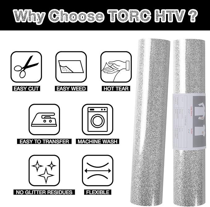 TORC Silver Glitter HTV Heat Transfer Vinyl Roll 12 inch x 20 ft Iron on Vinyl for T Shirts Crafts Bulk