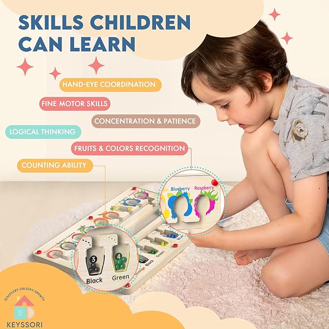 Magnetic Maze Board for Kids Age 3-5, Montessori Educational Wooden for All Toddlers 3 Busy Board, Preschool Learning Adventure, Fine Motor Skills, Fruits Colors Puzzle, Autism-Friendly Toy