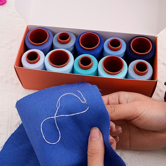 10 Pcs Sewing Thread, All Purpose Sewing Thread, 10 Spools Assorted Colors Each 800 Yards of Polyester Threads for Sewing Machine, Hand Stitching, Quilting, Serger (Blue Color System)