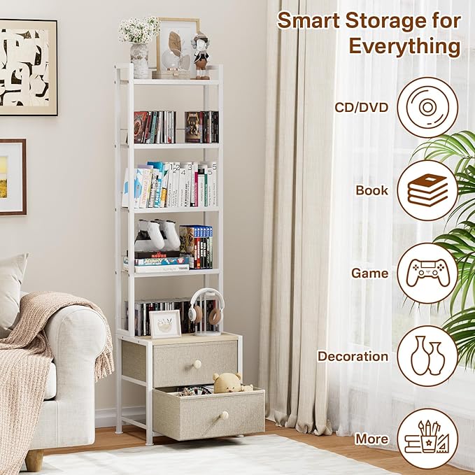 CD Storage Rack with Drawer, 5-Tier DVD Organizer Shelf w/Adjustable Book Stoppers, Media Storage Rack for CD/DVD, Books & Games, Ideal for Living Room & Home Office – 15.7x11.8x56.5Inches