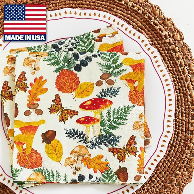 Talking Tables 100 x Disposable Fall Paper Napkins - Made in USA -2ply Recyclable Disposable Bulk Serviettes Decoupage Autumnal Patterned Napkin Thanksgiving Harvest Woodland Mushrooms Christmas
