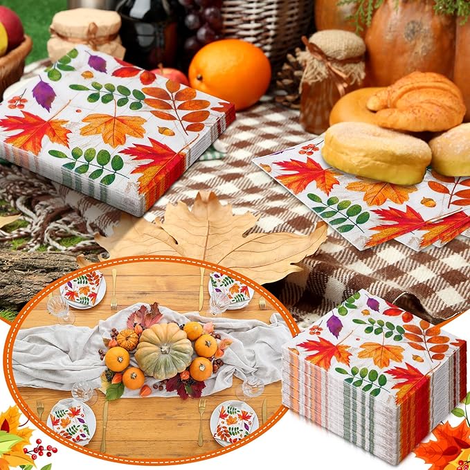 60 Pcs Fall Leaves Cocktail Paper Napkins 6.5 x 6.5 Inches Disposable Paper Napkins Dessert Beverage Napkin for Decoupage Luncheon Napkin for Party Wedding Birthday Party