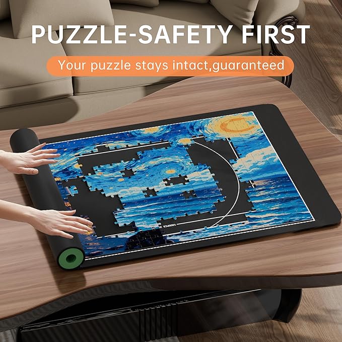 Lwoeo Jigsaw Puzzle Mat Roll Up 2000 Pieces, Black 48.4” x 30.7” Smooth Top Saver Pad, Large Puzzel Matt Rollup with 6 Sorting Trays & Travel Storage Bag for Sorting Table, Board, Puzzles Mats