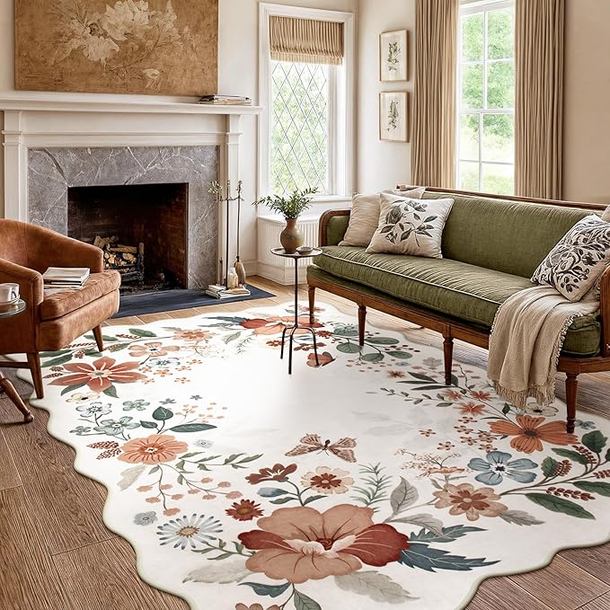 Beeiva Living Room Area Rug 6 x 9 - Scalloped Floral Printed Boho Flower Rugs for Bedroom Playroom Soft Non Slip Large Aesthetic Carpet for Nursery Dorm Office(Beige,6x9ft)