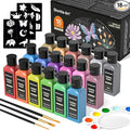 Metallic Fabric Paint, Shuttle Art 18 Metallic Colors Permanent Soft Fabric Paint in Bottles (60ml/2oz) with Brush and Stencils, Non-Toxic Textile Paint for T-shirts, Shoes, Jeans, Bags & DIY Projects