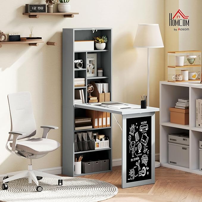 HOMCOM Fold-Out Convertible Writing Table, Wall Mount Desk Cabinet with Blackboard and Side Shelf Multi-Function Home Office Workstation, Charcoal Gray
