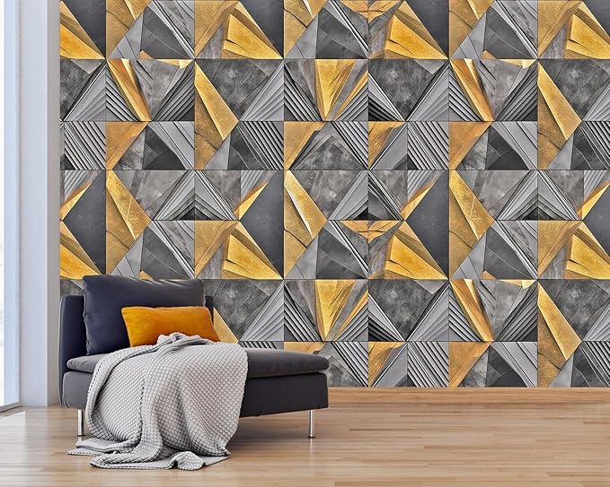 AFZEVEB-3D Geometric Wall Mural Gray and Gold Wallpaper for Bedroom 114"x74"(Not Peel and Stick)