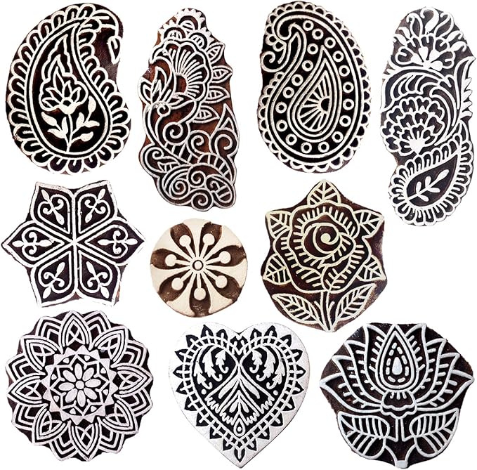 Royal Kraft Wooden Stamps for Block Printing on Saree Border, Textile, Clay, Pottery, Tattoo (Set of 10) MXtag0002
