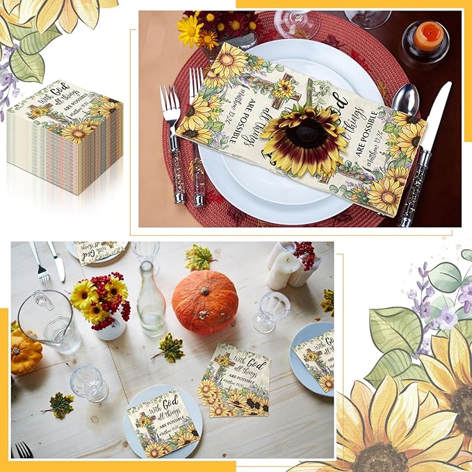 60 Pcs Sunflower Christian Cocktail Paper Napkins 6.5 x 6.5 Inches Disposable Paper Napkins Dessert Beverage Tissue for Decoupage Luncheon Tissue for Theme Party Wedding Birthday Party