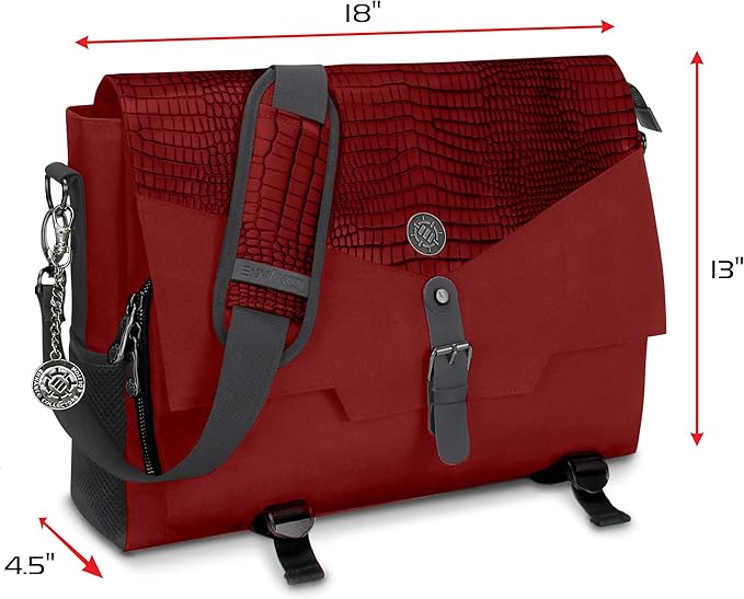 ENHANCE Collector's Edition RPG Player's Essentials DnD Bag - Dragon Hide Exterior Messenger Bag Fits 2-4 Books, Binders, Dice & Accessories, with 17 inch Laptop Slot, Battlemap Straps (Dragon Red)