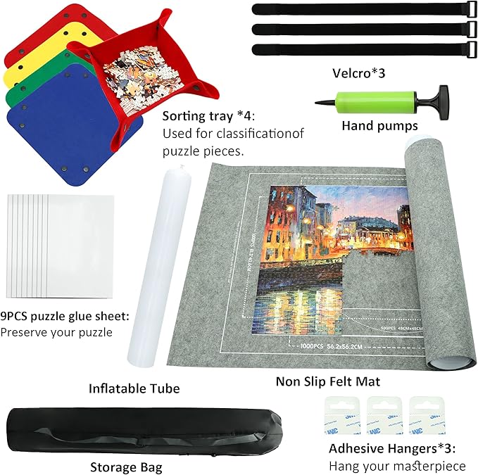 Portable Puzzle Mat Roll Up - with 9 Glue Sheets, Sorting Trays, Hand Pump, Inflatable Tube, and Storage Bag - Perfect for Kids and Adults (Gray, 1500pcs)