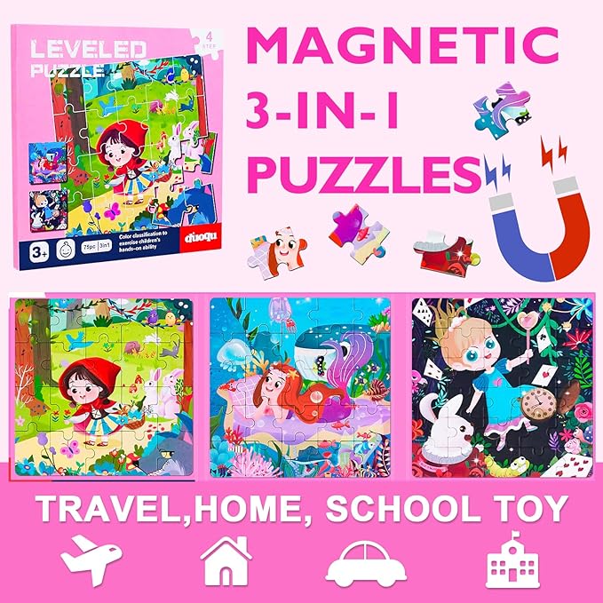 Magnetic Puzzles for Kids Ages 3-5, 3 in 1 Toddler Fairy Jigsaw Puzzle Book, Kids Travel Puzzles Toys, Preschool Learning Toy for Kids 3-8 Year (Fairy Tales)