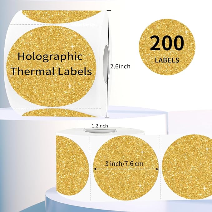 3" Holographic Direct Thermal Label Stickers, Round Printable Rainbow Glitter Thermal Printer Sticker Labels for Gift Wrapping, Self-Adhesive DIY Custom Logo Design- Shiny Gold