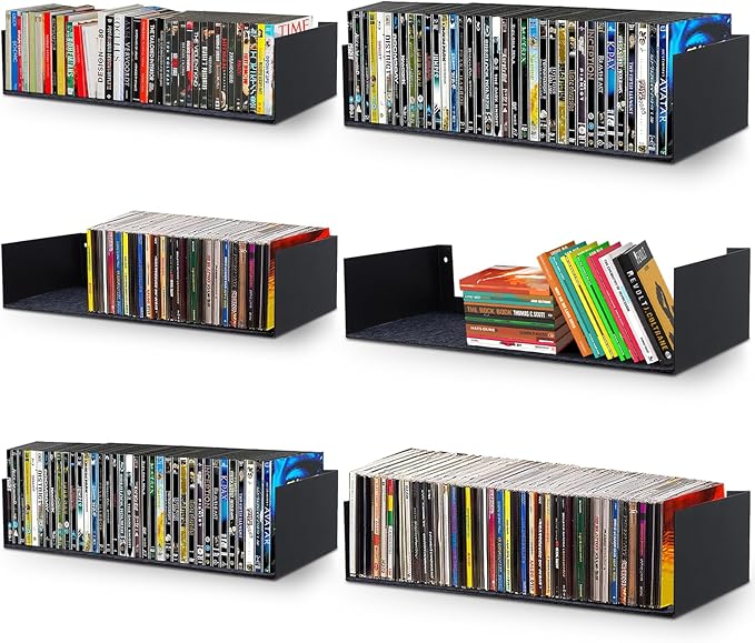 U Shape Floating Shelves Wall Mount Metal Bookshelf CD DVD Storage Display Shelves, Black Set of 6