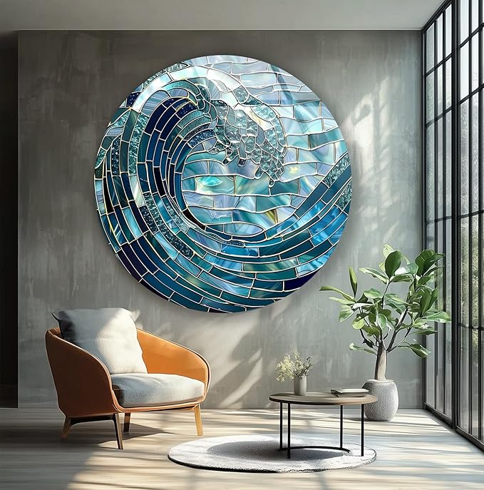 My Photostation.com 27.5''(70cm) Diameter Ocean Wave in Blue Mosaic Round Glass Wall Art Tempered Glass Printing Wall Decor Large Wall Art Wall Hangings