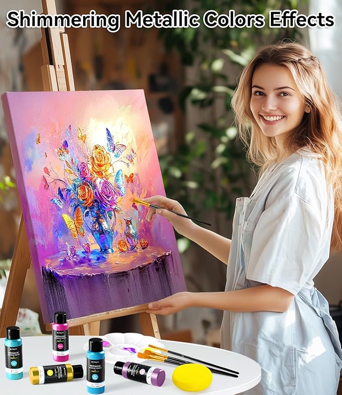 64 PCS Metallic Acrylic Paint Set with 12 Brushes, 2 Knives & Palette, 48 Colors (2oz/60ml) Art Craft Paint for Adults Kids Artists Beginners, Halloween Pumpkin Canvas Ceramic Rock Painting Kit