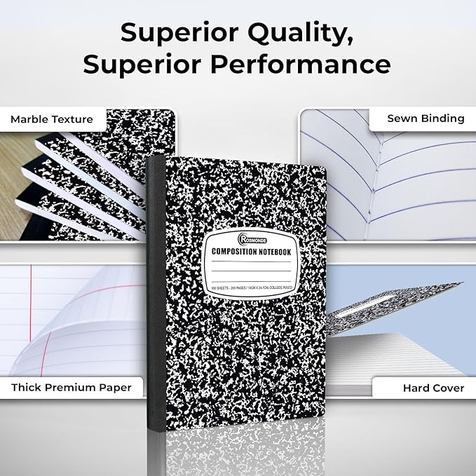 Rosmonde 5000 Pack (Pallet) Composition Notebooks Bulk, College Ruled, 200 Pages (100 Sheets), 9-3/4 x 7-1/2, Bulk Supplies for School Districts, Black Marble Notebook, 4-7 Days Transit