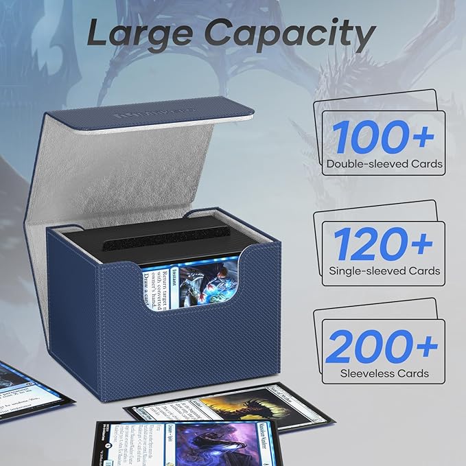 Mlikero Card Deck Box, Commander Deck Box Holds 100+ Double-Sleeved Cards with Divider, Leather Magnetic Closure Card Box Fit for MTG, TCG (Blue)