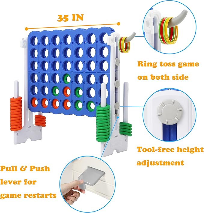 SDADI Height-Adjustable Giant 4-in-a-Row Game, 2-in-1 Jumbo 4-to-Score & Ring Toss Set, Indoor/Outdoor Yard Party Toy for Kids, Adults & Family, White