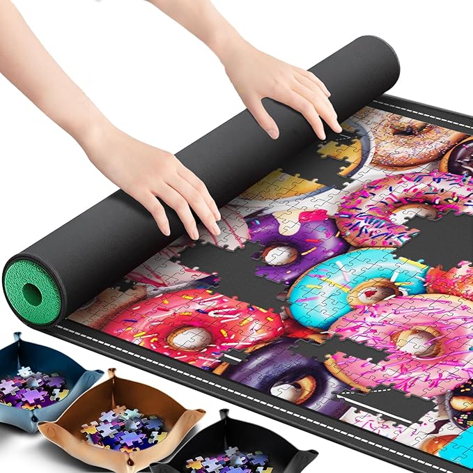 Lwoeo Jigsaw Puzzle Mat Roll Up, No Creases 53.3” x 35” Rubber Saver Pad Up to 3000 Pieces, Black Large Puzzel Matte Rollup with 6 Sorting Trays & 1 Storage Bag. Ideal for Holiday and Birthday