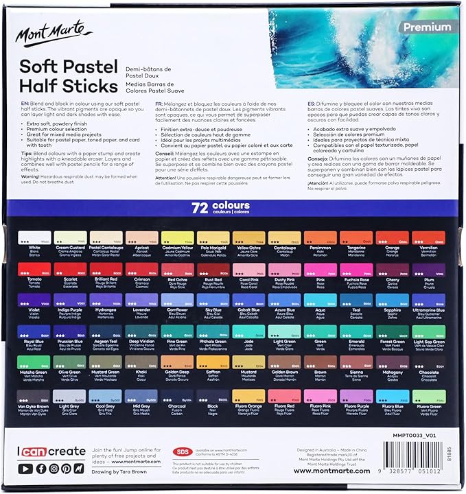 Mont Marte Soft Pastel Half Sticks 48pc, Pastels Art Supplies, Artist Quality Pastels, Extra Soft and Smooth Texture, Ideal for Professional Level Artwork