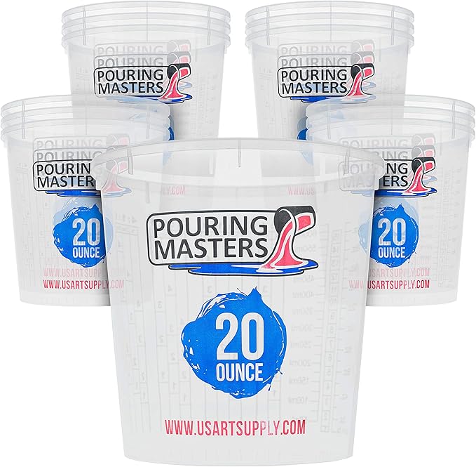 Pouring Masters 20 Ounce (600ml) Graduated Plastic Mixing Cups (Box of 12) - Paint Mixing Cups for Epoxy Resin, Art, Kitchen, Baking - Measurements in OZ and ML, 4 Different Measuring Ratios 1:1
