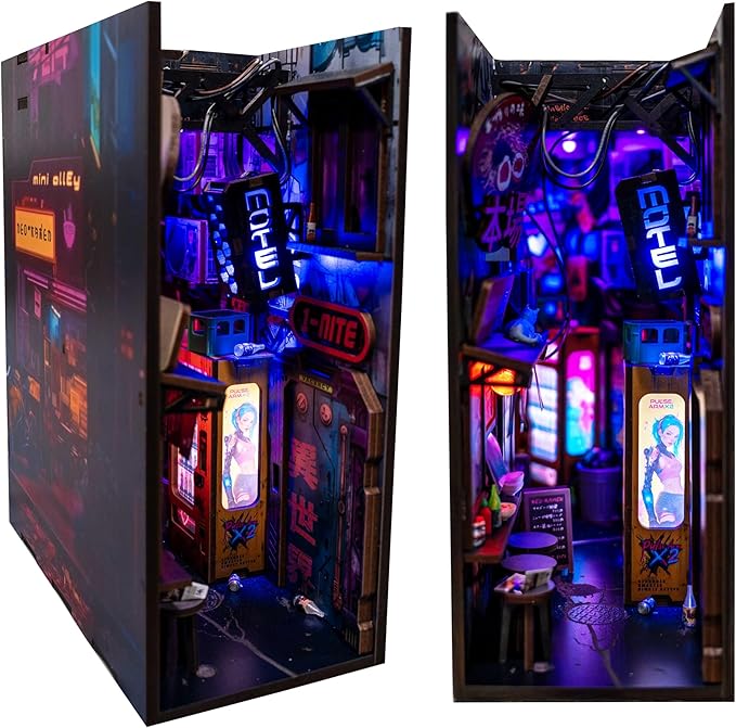 Neo Ramen MiniAlley DIY Cyberpunk Book Nook Kit – Wooden Diorama with Neon Lights, Futuristic Ramen Shop & Endless Alley Illusion – Unique Collectible Display for Bookshelf or Desk