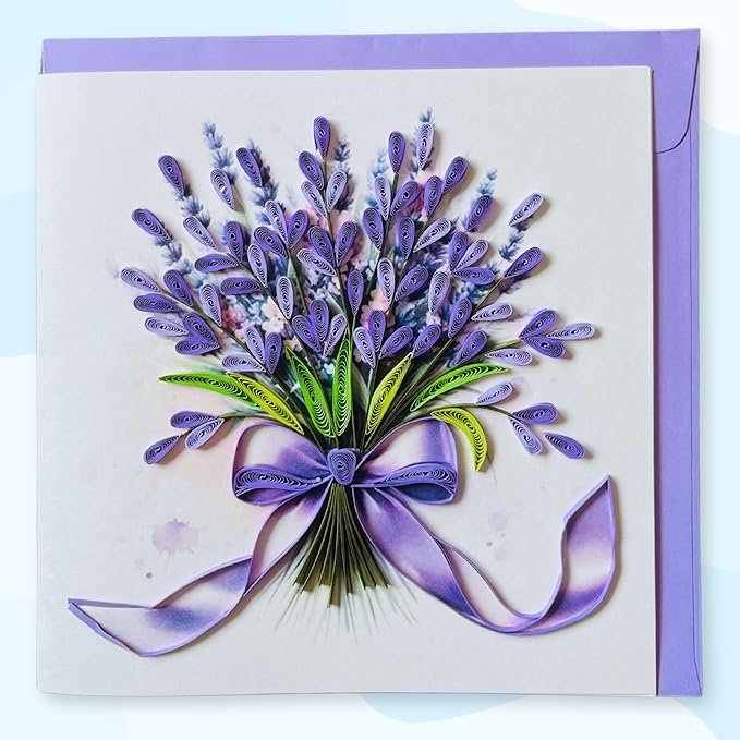 Quilling Cards, handmade card, quilled cards with Dedicated Paper Handmade Art for all occasions: Mother's day, Father's day, Birthday... Lavender flowers bouquet