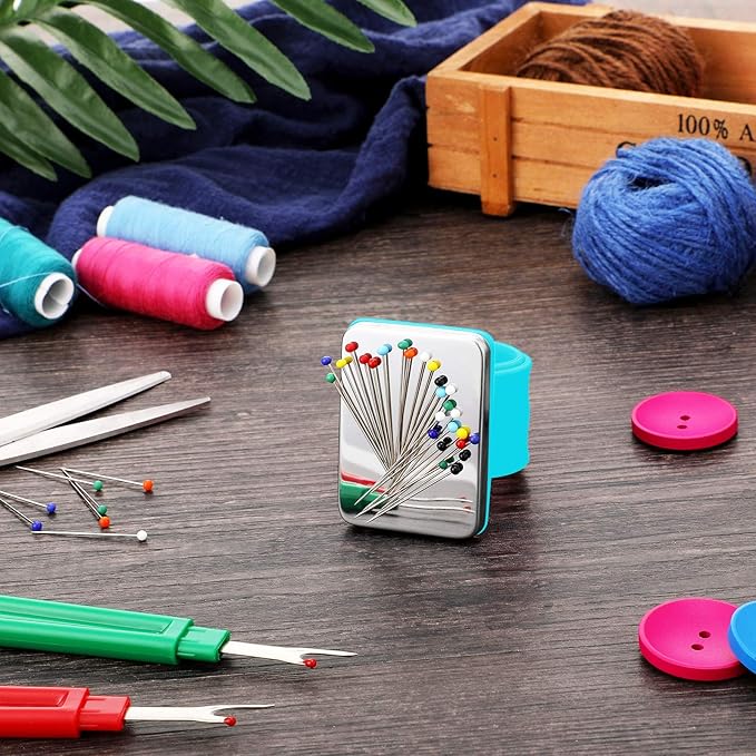 WILLBOND Magnetic Wrist Sewing Pincushion Wrist Magnetic Pin Holder Wristband Pin Cushion Holder with 3 Pcs Stainless Steel Pintail Comb Rat Tail Comb for Hair Clips Hand Sewing(Blue)