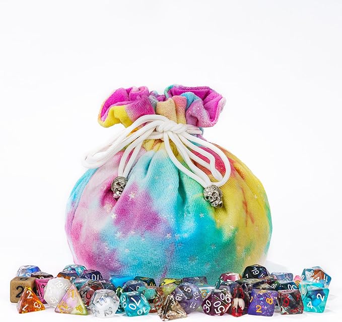 Large Dice Bags with Pockets Rainbow Storage Bags Star Pattern for DND RPG Games (with 1lb Random DND Dice)
