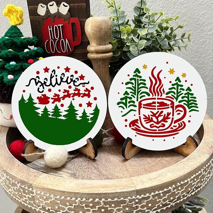 Small Christmas Stencils for Painting on Wood 3inch Christmas Stencils for Crafts Reusable Holiday Stencil Templates for Wood Slice Tier Tray Christmas Tree Decor