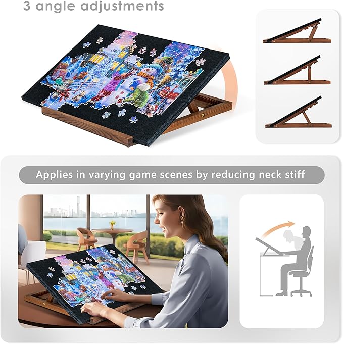 Tektalk Foldable Jigsaw Puzzle Board with 3 Angle Adjustable Bracket/Stand, Lightweight Portable Puzzle Mat Plateau with Wooden Easel, Foldaway Felt Puzzle Table, for Up to 1000 Pieces - Black