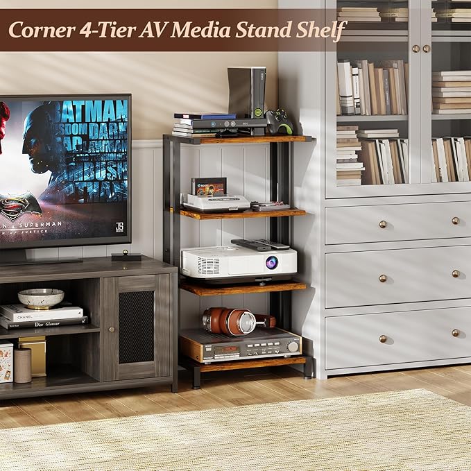 X-cosrack 4-Tier AV Media Stand Corner Shelf Wooden Corner Shelves Component Cabinet Stereo Audio Rack Stand Tower Perfect for DVD Players:Game Console:TV Box:Cable Box:WiFi Router