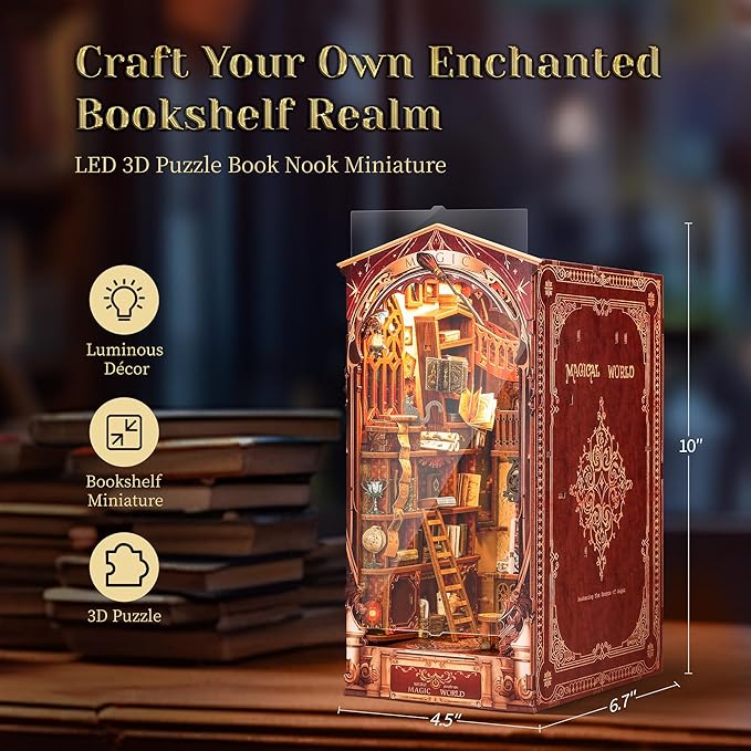 3D Wood Puzzle Book Nook Kit, DIY Magical Miniature Dollhouse with LED Light, Magic World Bookshelf Insert Bookend for Display, 3D Puzzle Craft Set for Adults (Magic World)