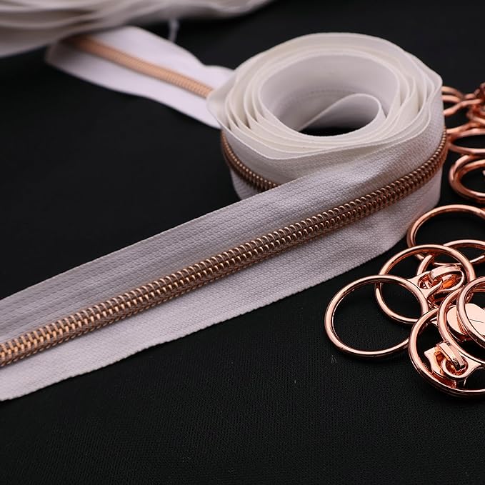 Leekayer #5 Rose Gold Metallic Teeth Nylon Coil Zippers by The Yard Bulk 10 Yards White Zipper Tape with 25pcs Rose Gold Ring Pull Sliders for DIY Sewing Tailor Craft Bag(White)
