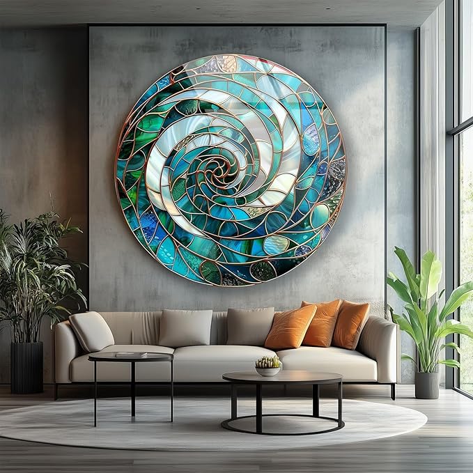 My Photostation.com 10''(25cm) Diameter Aqua Spiral Harmony Round Glass Wall Art Tempered Glass Printing Wall Decor Large Wall Art Wall Hangings