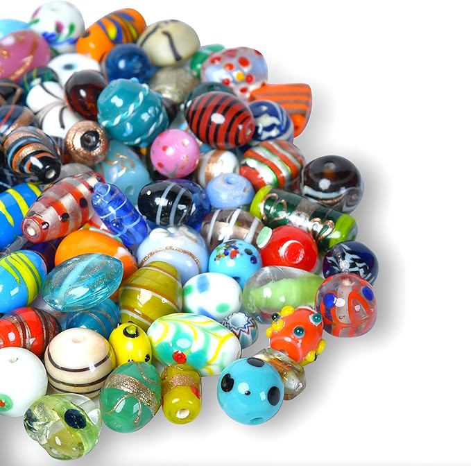 1/2 LB Bag of Assorted Glass Beads for Jewelry Making, Lampwork Murano Bead Mix for Bracelets and Necklaces, Crafting Beads Supplies Kit, Large & Small Beads