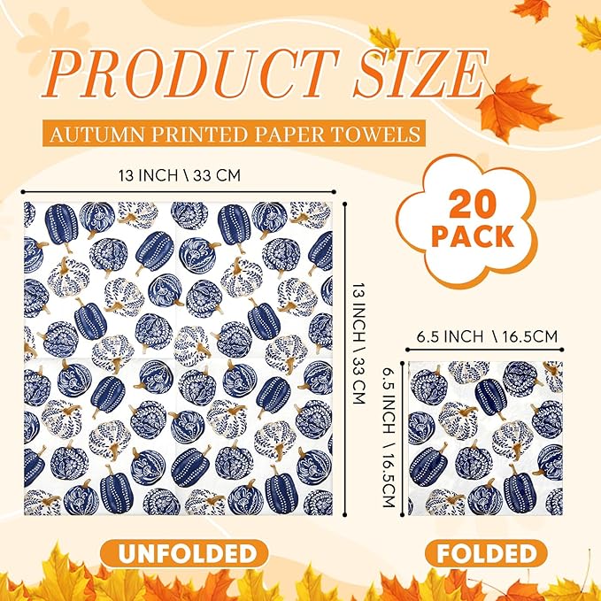 Crtiin 20 Pack Fall Decoupage Napkins Autumn Napkins Floral Pumpkin Maple Leaf Decorative Paper for Thanksgiving Harvest Birthday Party Beautiful Gorgeous, 20 Styles Each 6.5 Inches