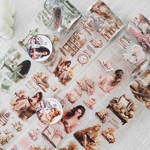 6 Rolls PET Tape Set for Junk Journal,Reading Theme Scrapbook Tape Stickers for Journaling Supplies,Scrapbook Supplies,Album,DIY Craft(Reading)